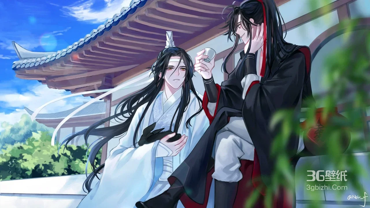 魏无羡·持盏笑谈 蓝忘机·抱兔而立 国风《魔道祖师》古风场景 宽屏车机壁纸1