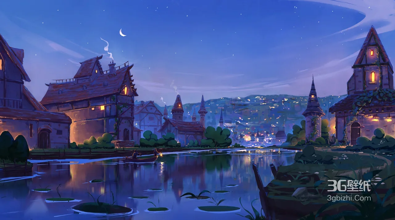 童话小镇月夜河景·唯美梦幻插画风 中世纪水乡电脑壁纸1