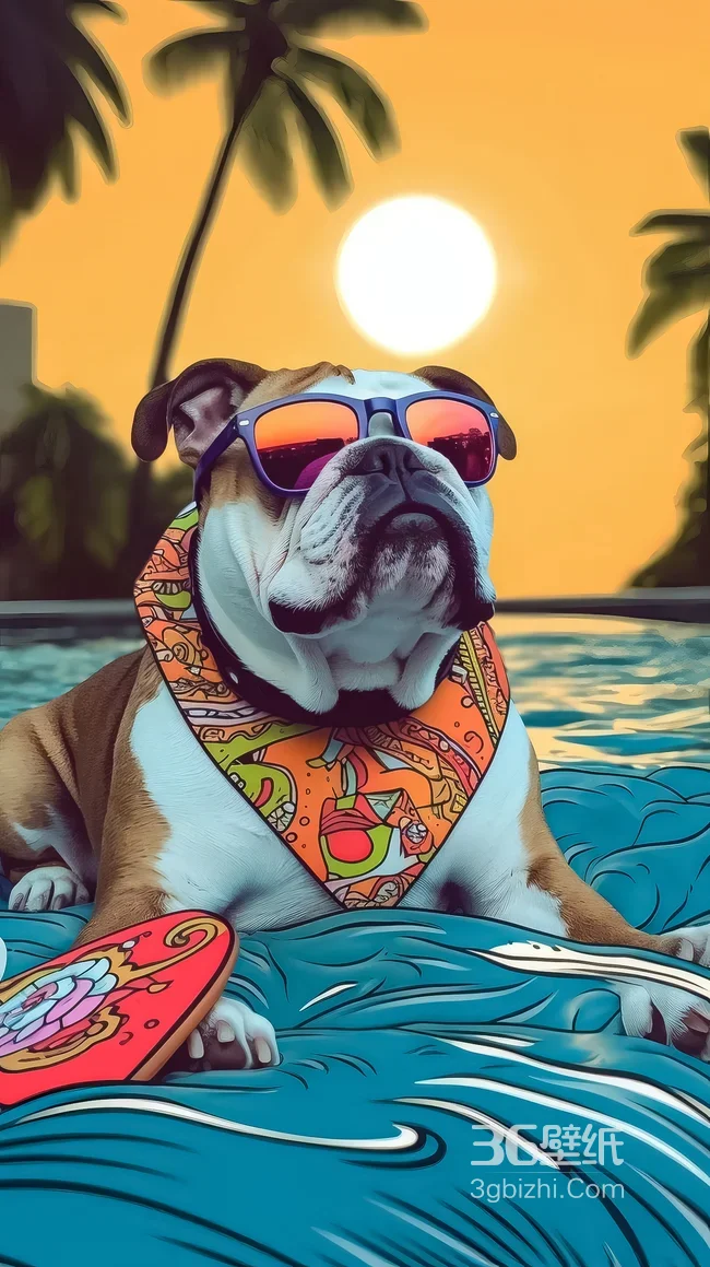 潮酷英国斗牛犬·泳池夕阳度假（潮流插画风） 夏日宠物手机壁纸1