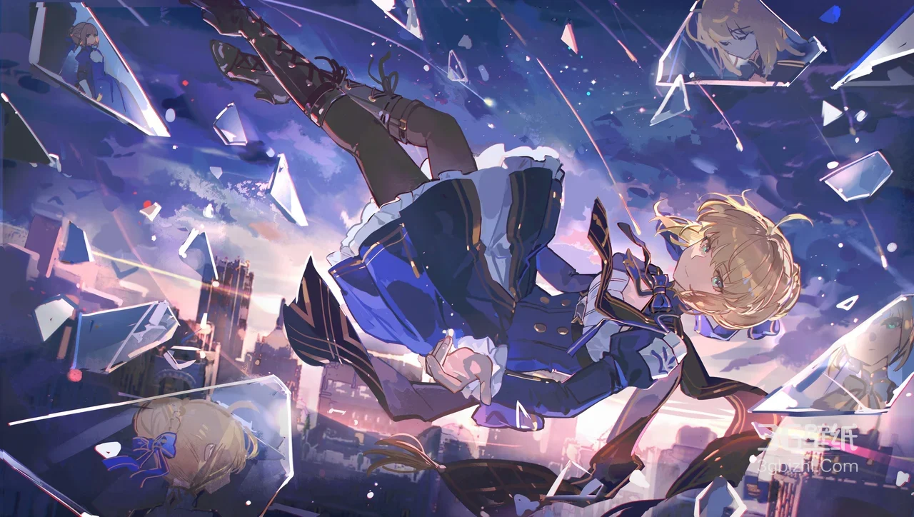 Saber·镜面破碎坠落 城市背景 唯美梦幻风 Fate系列动漫桌面壁纸1