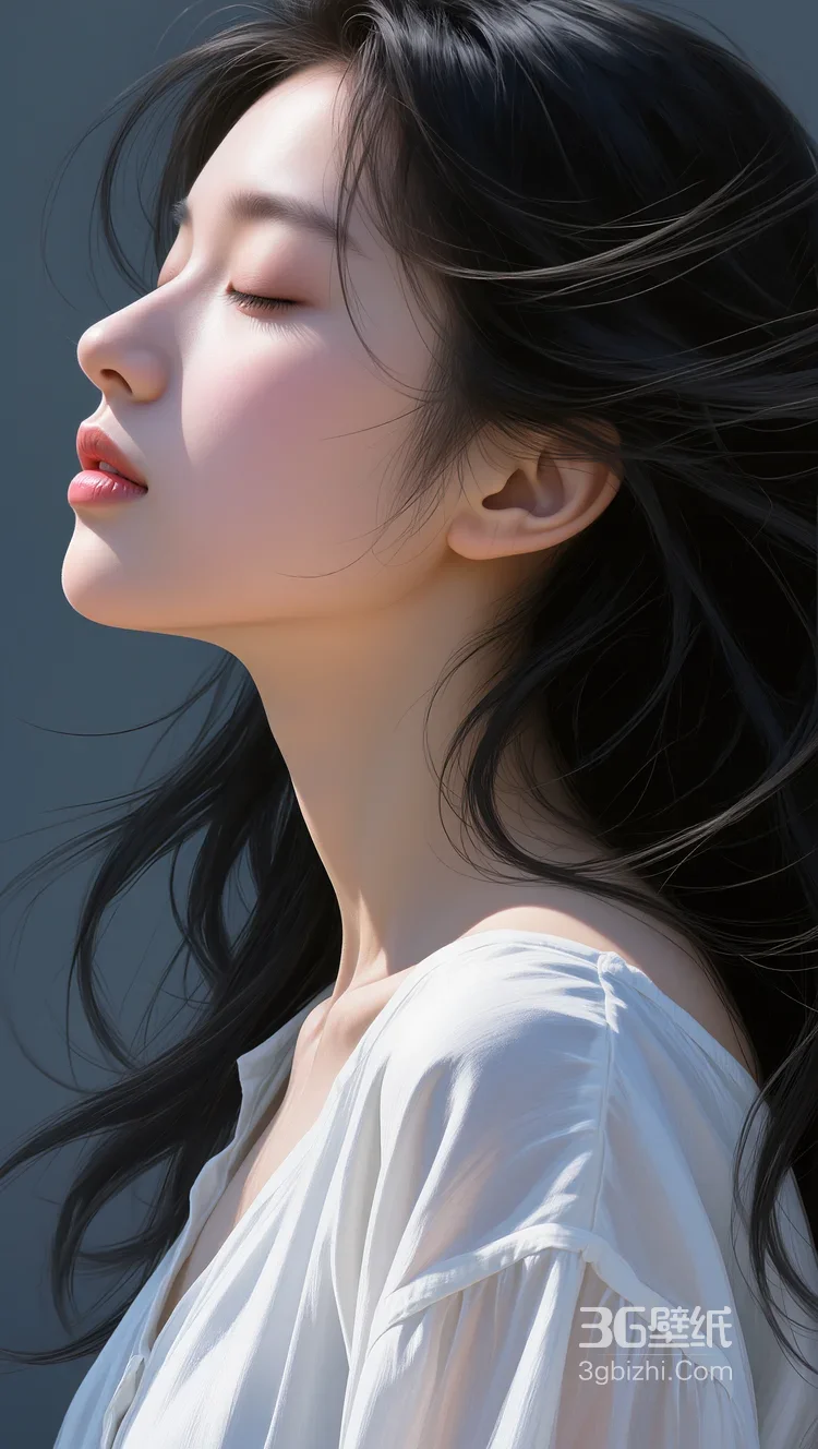 唯美写实风AI绘画女生·白色露肩裙发丝飘动 热门清新女生肖像1