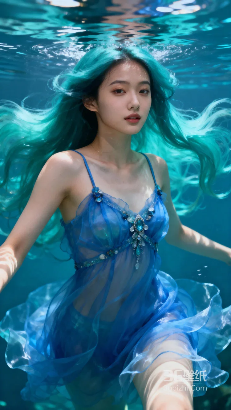 水下蓝发少女·唯美梦幻风 清新水下写真女生图片1