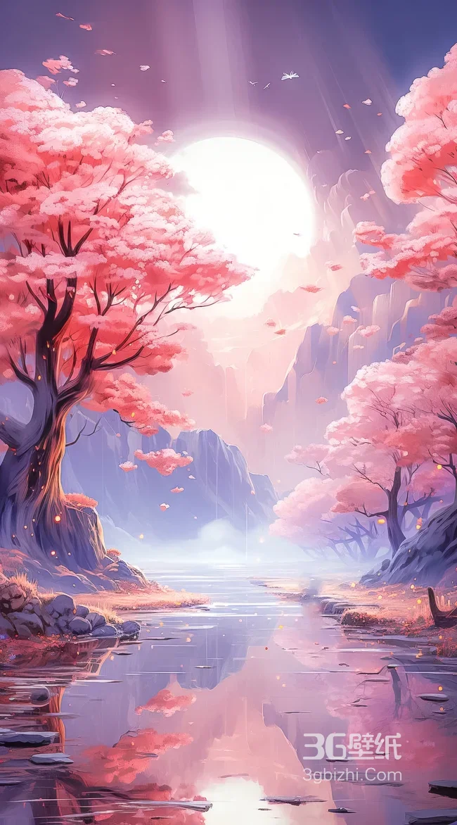 樱花溪谷·月色山水 唯美梦幻国漫风 治愈壁纸1