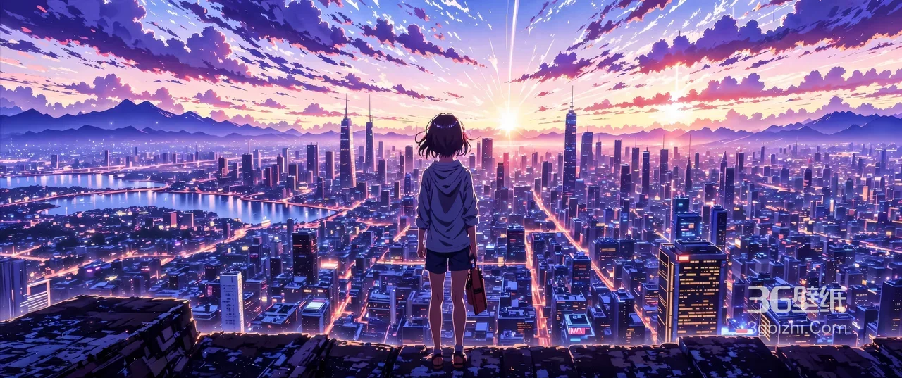 少女·眺望璀璨都市天际线 二次元唯美风 宽屏电脑壁纸1