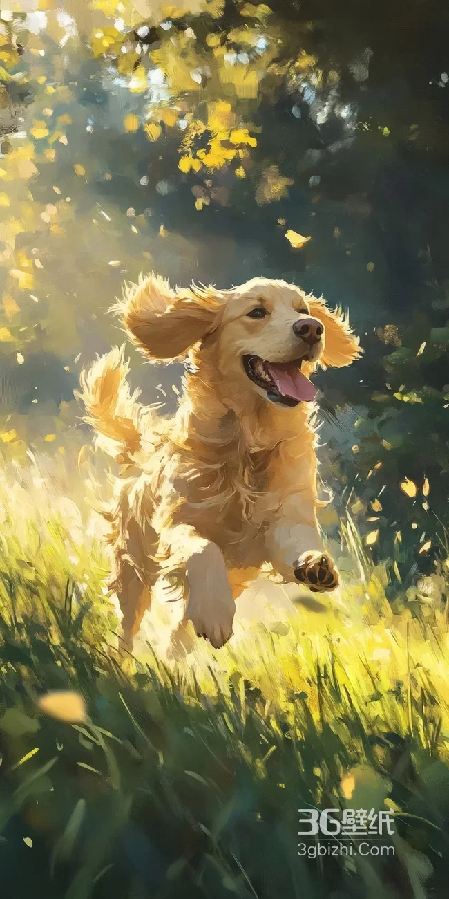金毛犬·奔跑撒欢 油画风暖光草地 治愈系手机壁纸精选1