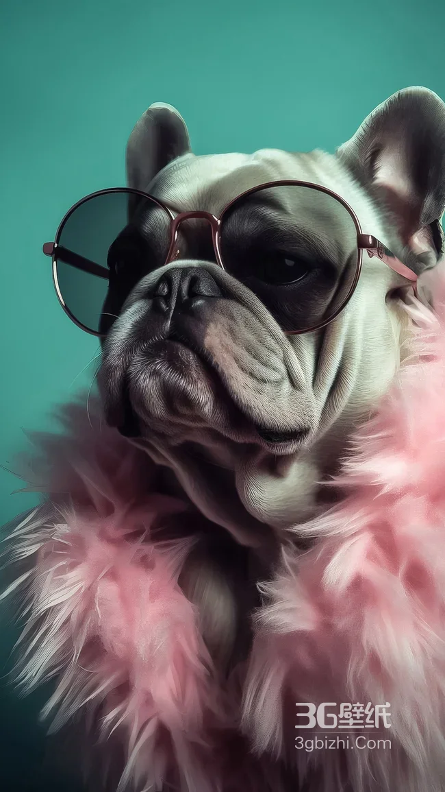 法国斗牛犬·圆框眼镜粉羽毛围巾·时尚写实风 潮流宠物手机壁纸1