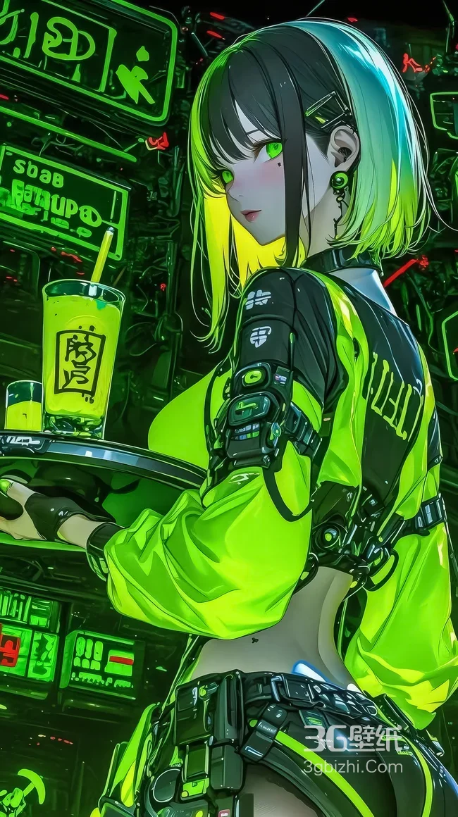 赛博朋克风女孩·荧光绿穿搭端饮品 高人气未来感手机壁纸1