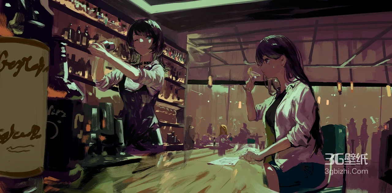 二次元酒吧调酒师与饮酒少女 氛围感电脑壁纸1