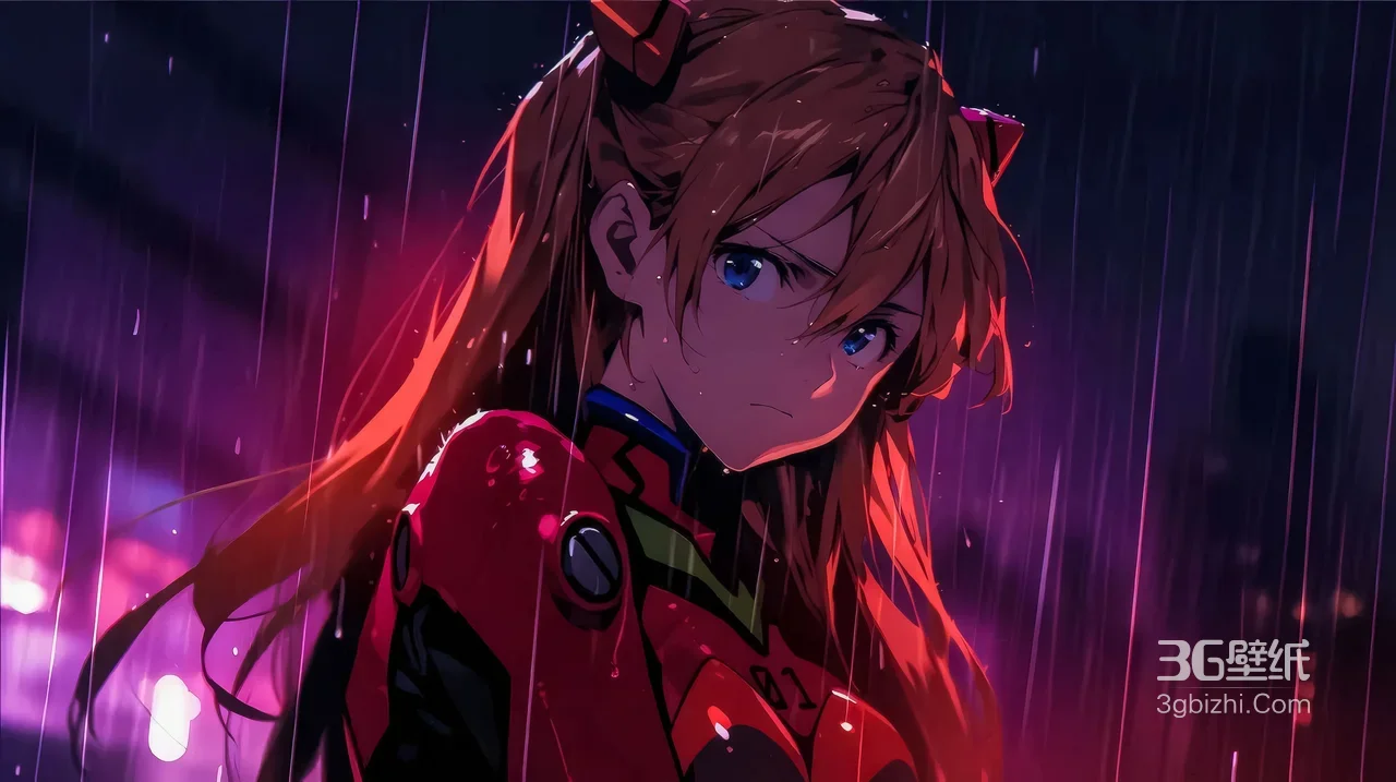 明日香·EVA战斗服雨夜伫立 二次元动漫风格电脑壁纸1