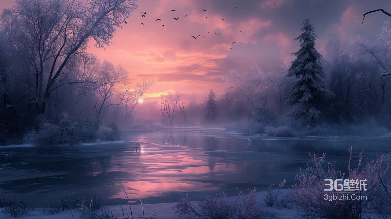 冬日冰封湖·粉紫霞光唯美风 冬季自然风景电脑壁纸1