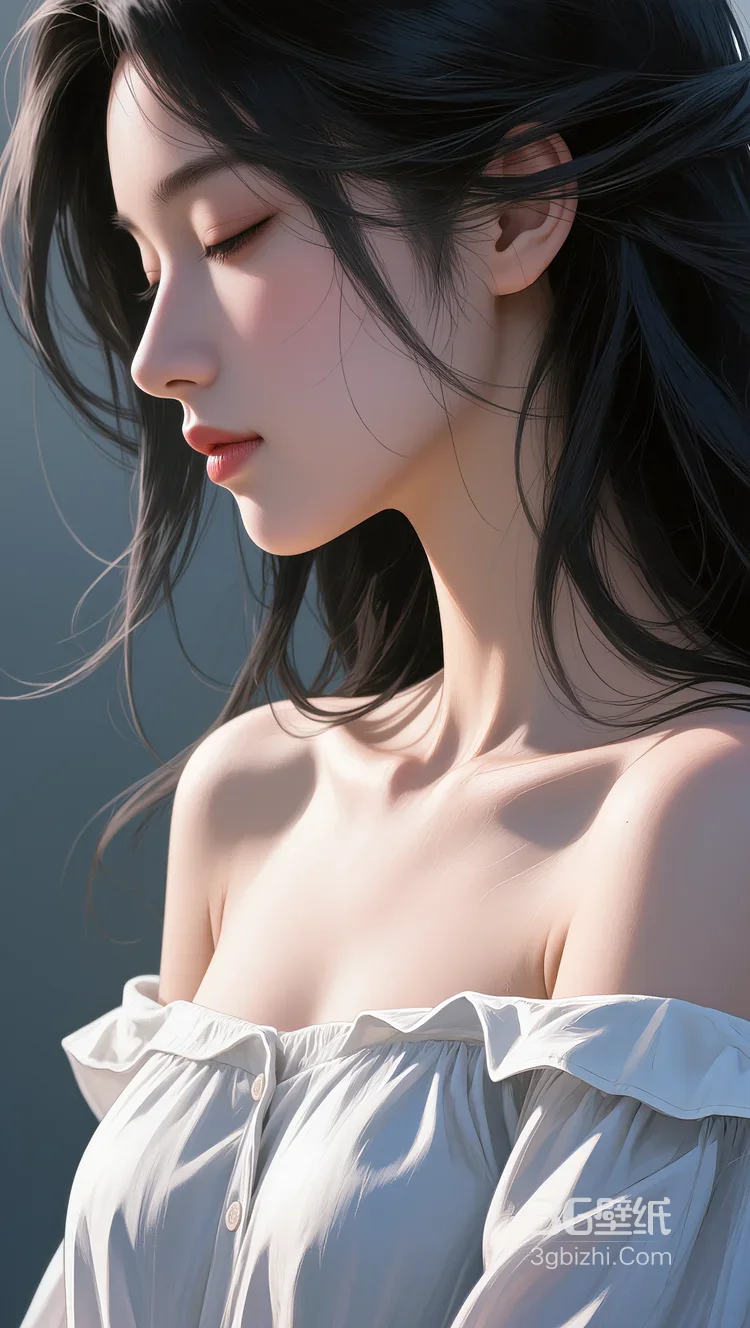 唯美写实风AI绘画女生·白色露肩裙发丝飘动 热门清新女生肖像2
