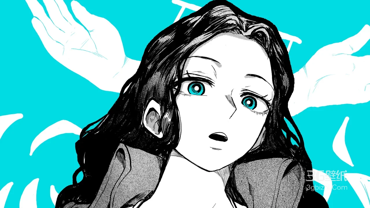 黑长卷发蓝瞳少女·惊讶神情 黑白漫画风动漫插画 宽屏1