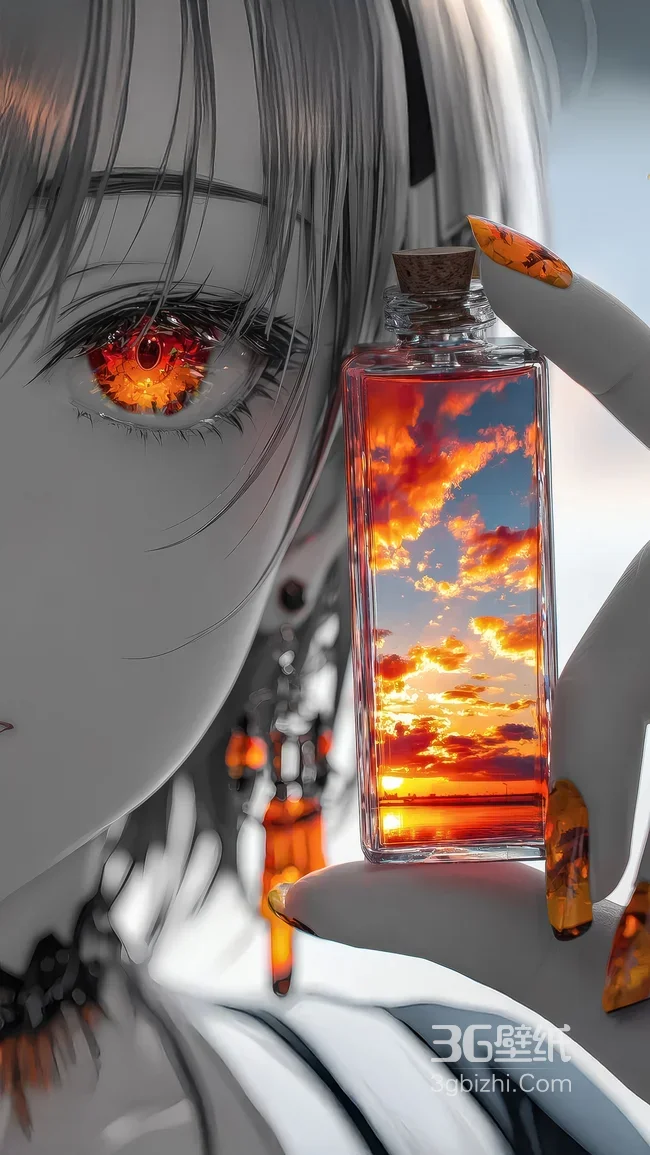 二次元人物·眼眸焰光瓶中落日 唯美写实插画手机壁纸热款1
