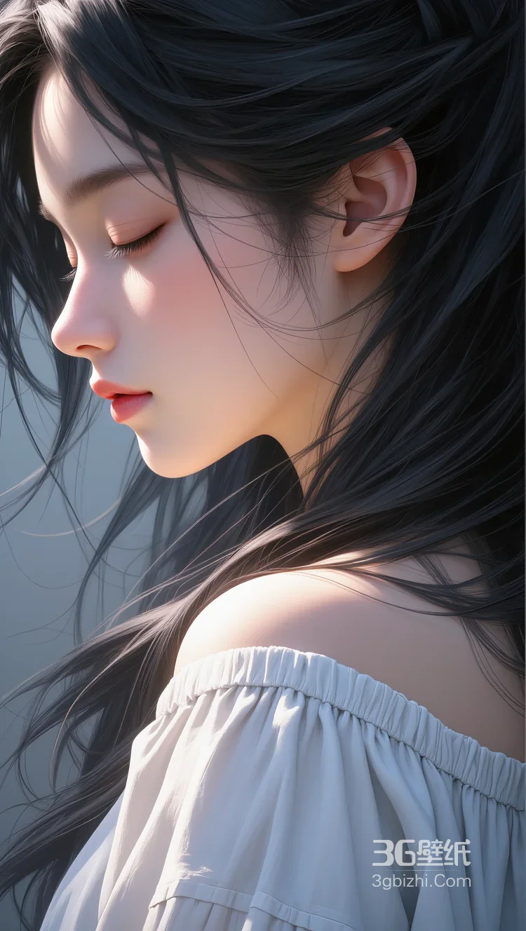 唯美写实风AI绘画女生·白色露肩裙发丝飘动 热门清新女生肖像4