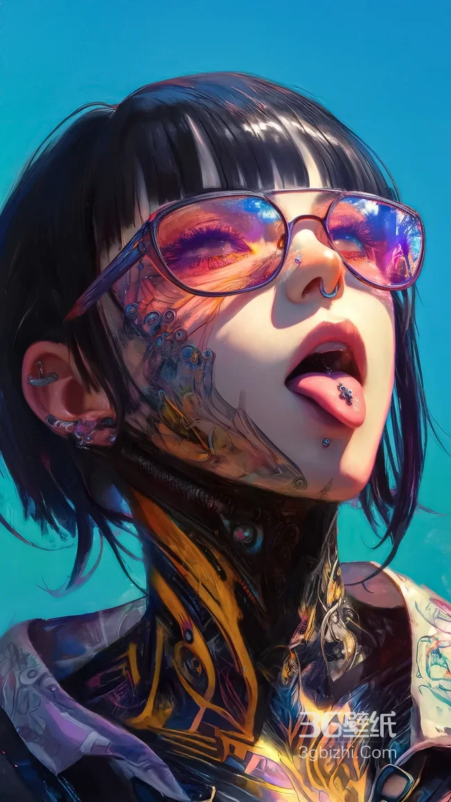 赛博朋克机械少女·纹身穿孔潮流风 科幻插画手机壁纸1