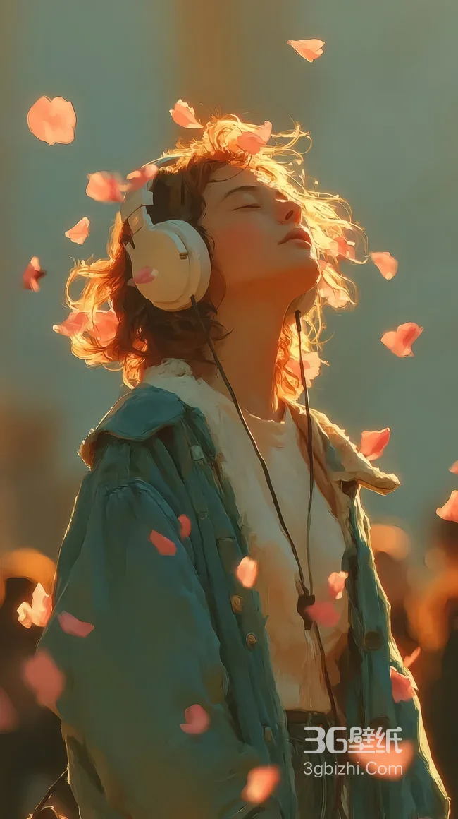 戴耳机女孩·花瓣飞舞唯美治愈原创插画手机壁纸1