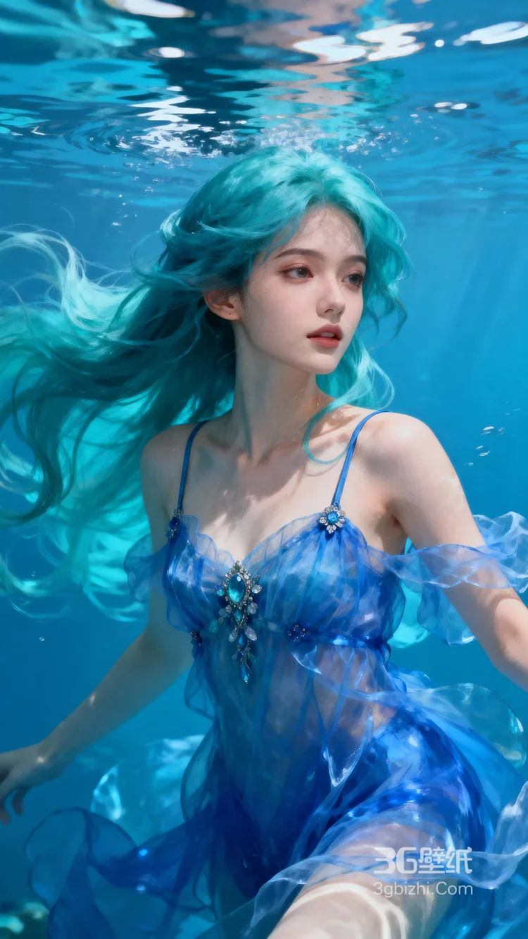 水下蓝发少女·唯美梦幻风 清新水下写真女生图片3
