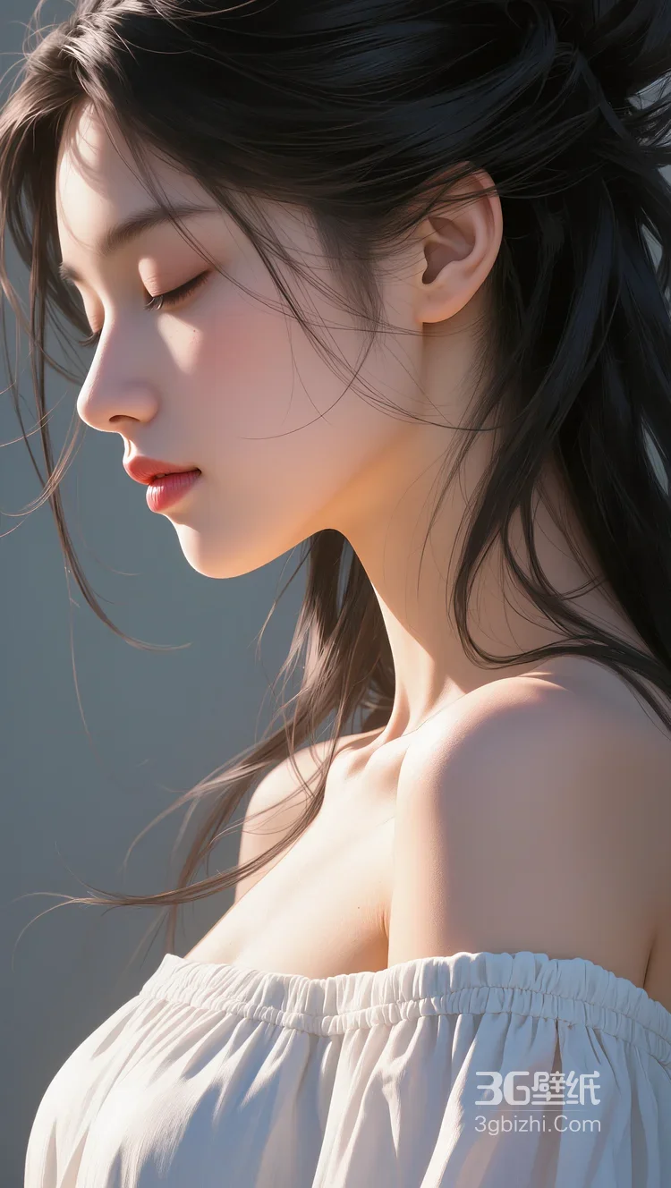 唯美写实风AI绘画女生·白色露肩裙发丝飘动 热门清新女生肖像3