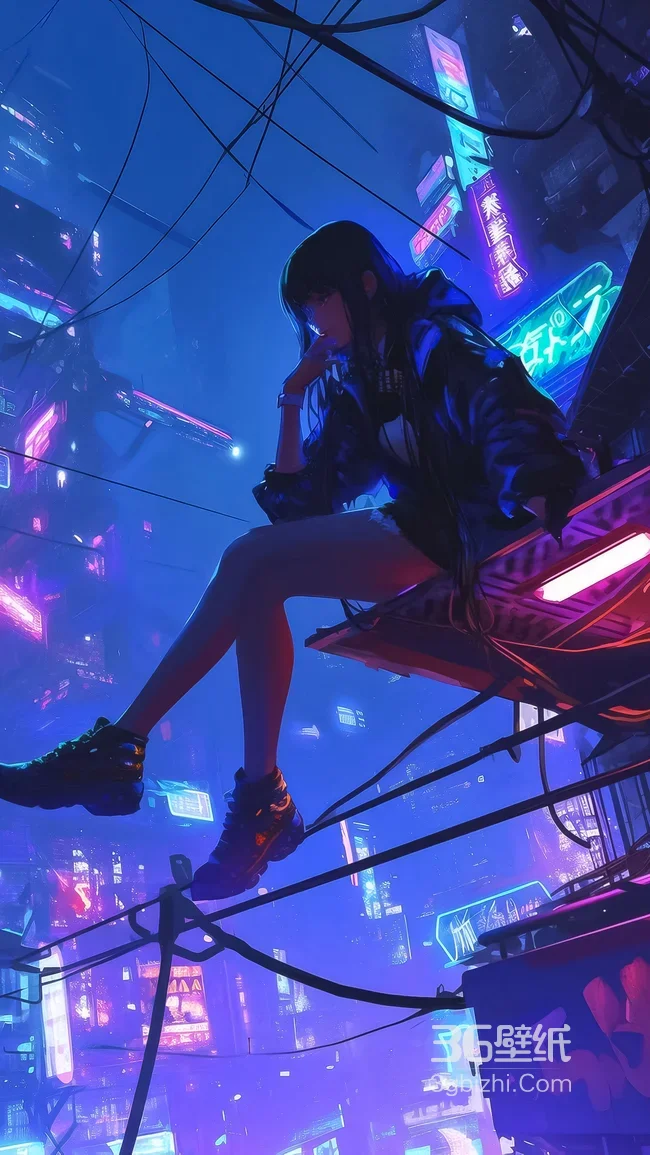 赛博朋克黑衣长发少女·高坐霓虹建筑 都市未来感手机壁纸1