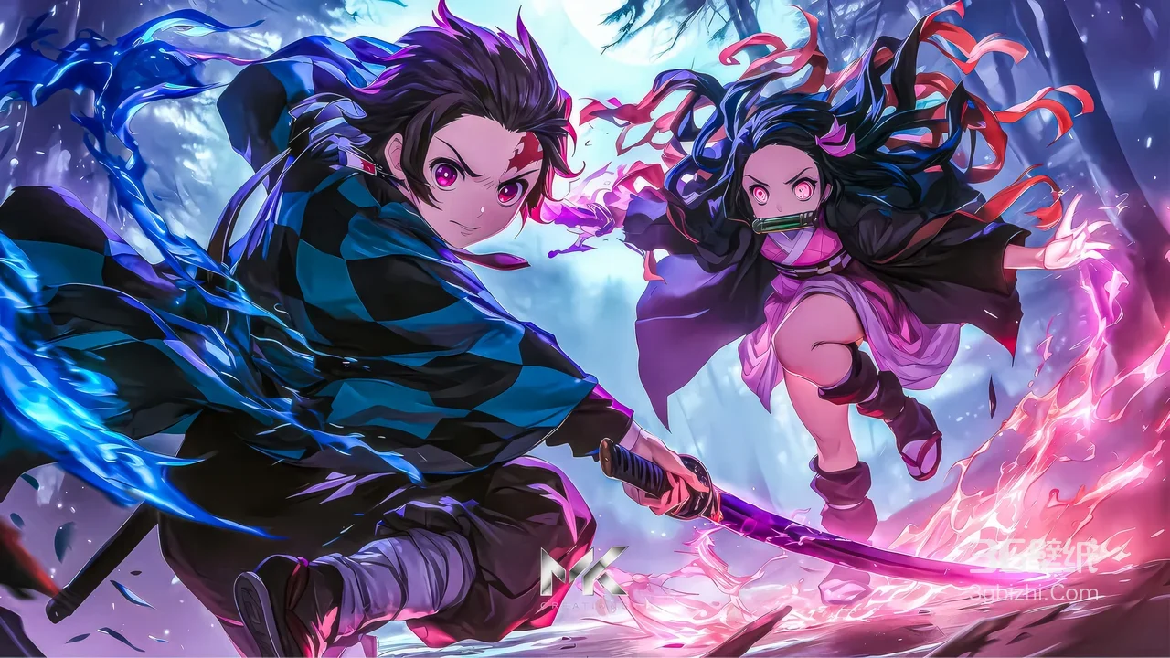 炭治郎·水刃&祢豆子·血火 炫彩战斗 鬼灭之刃电脑壁纸（高热度）1