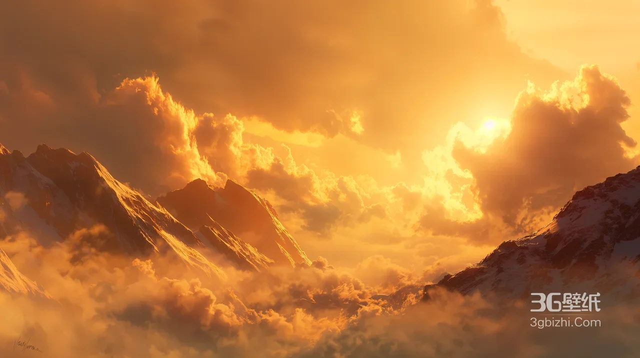 雪山云海·日出熔金 唯美梦幻艺术插画 热门电脑壁纸款1