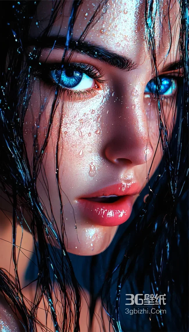 写实美女·湿发水珠蓝眸·唯美CG艺术高清手机壁纸1