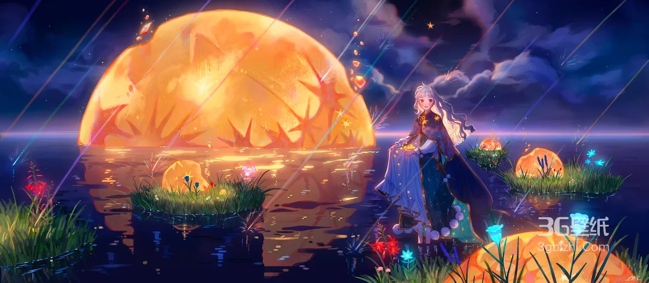 银发少女·月夜水域草岛 唯美二次元插画 超宽屏电脑壁纸1