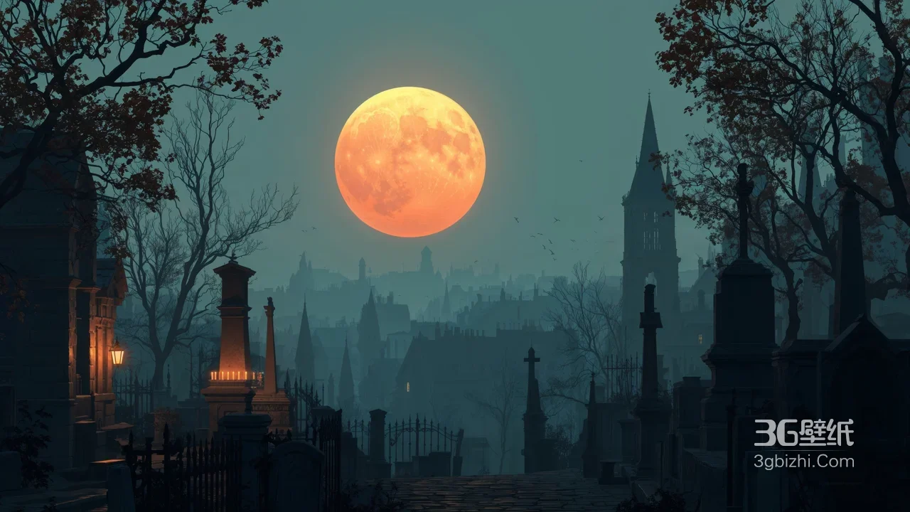 暗黑哥特月夜墓地·哥特城景 阴森满月桌面背景1