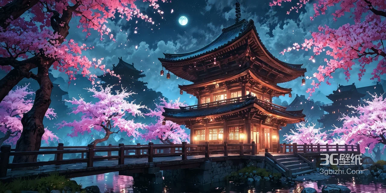 日式古风三重塔樱花月夜桥畔 唯美意境桌面背景1