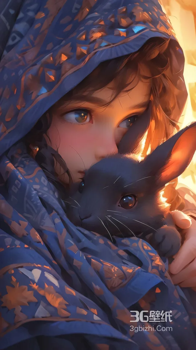 少女抱宠物兔·唯美写实风 暖光治愈手机屏保1