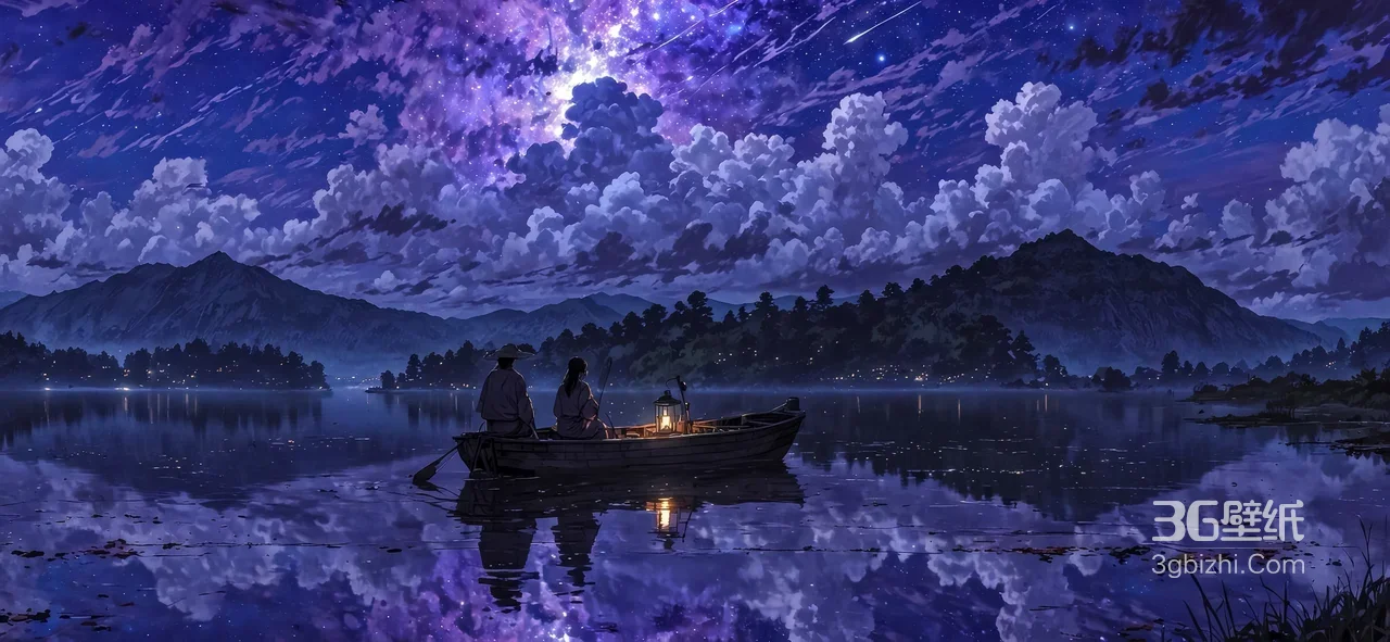 湖面泛舟观星 唯美日式动漫风（新海诚风）星空夜景壁纸1