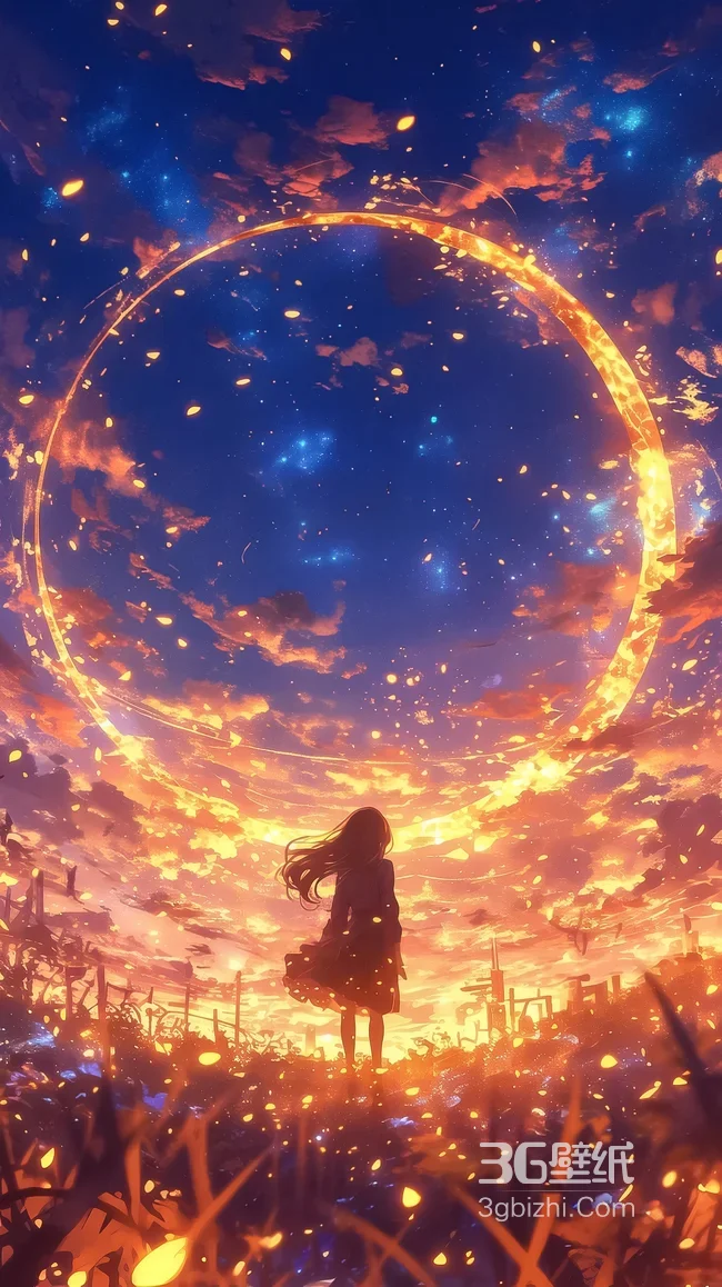 长发女孩·金色圆环星空 唯美动漫风手机壁纸热门款1