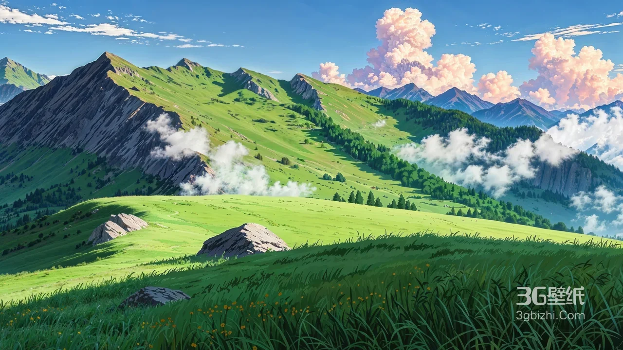 动漫风青绿山峦草原盛景 治愈系宽屏壁纸1