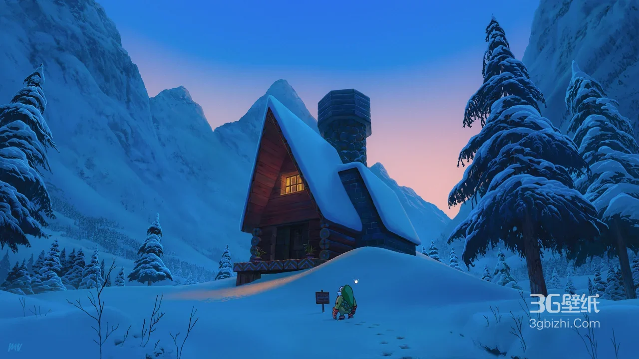 林克·绿帽冬装 雪山木屋·唯美卡通 塞尔达传说雪景场景1