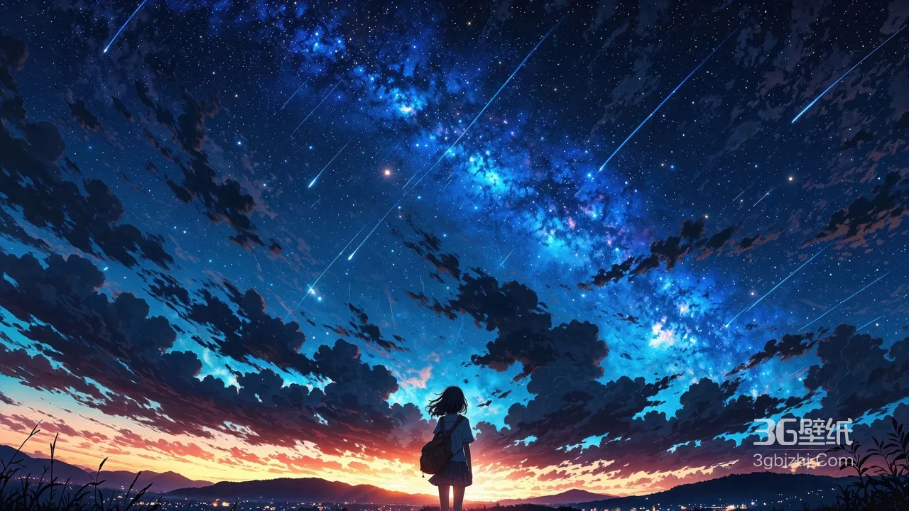 少女眺望银河星空 唯美二次元动漫风 黄昏云海流星壁纸1