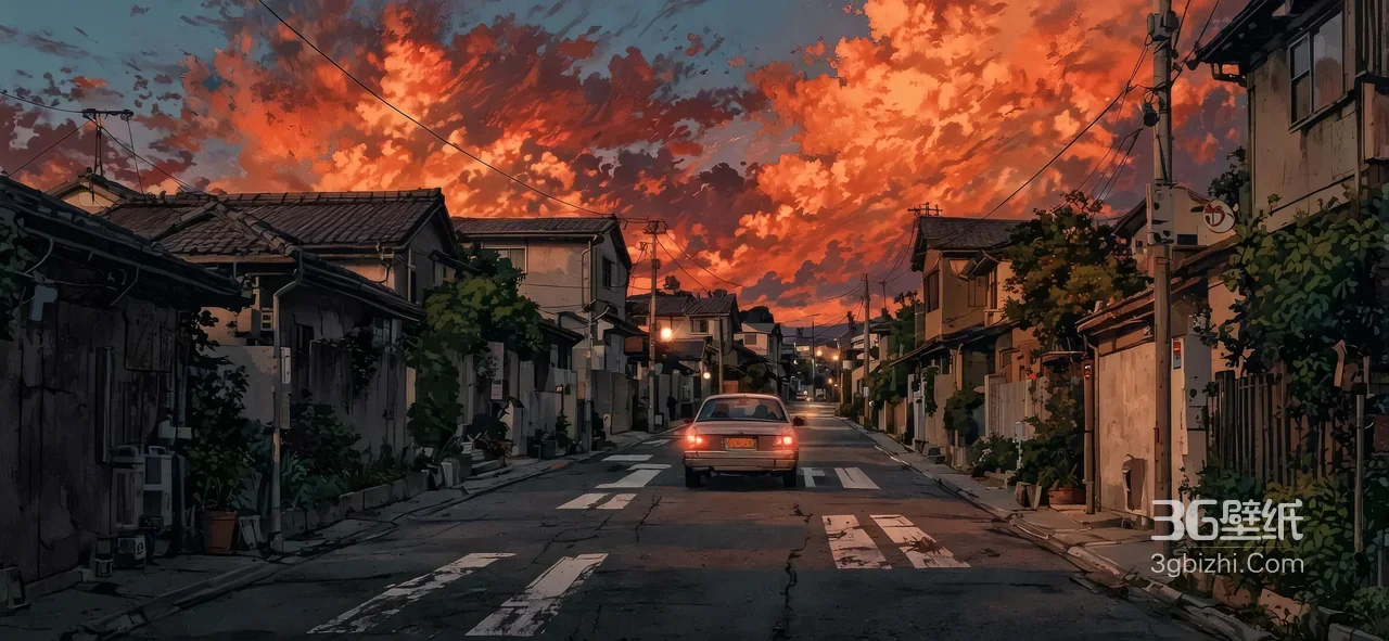 日式小巷黄昏行车·动漫风宽屏车机电脑壁纸1