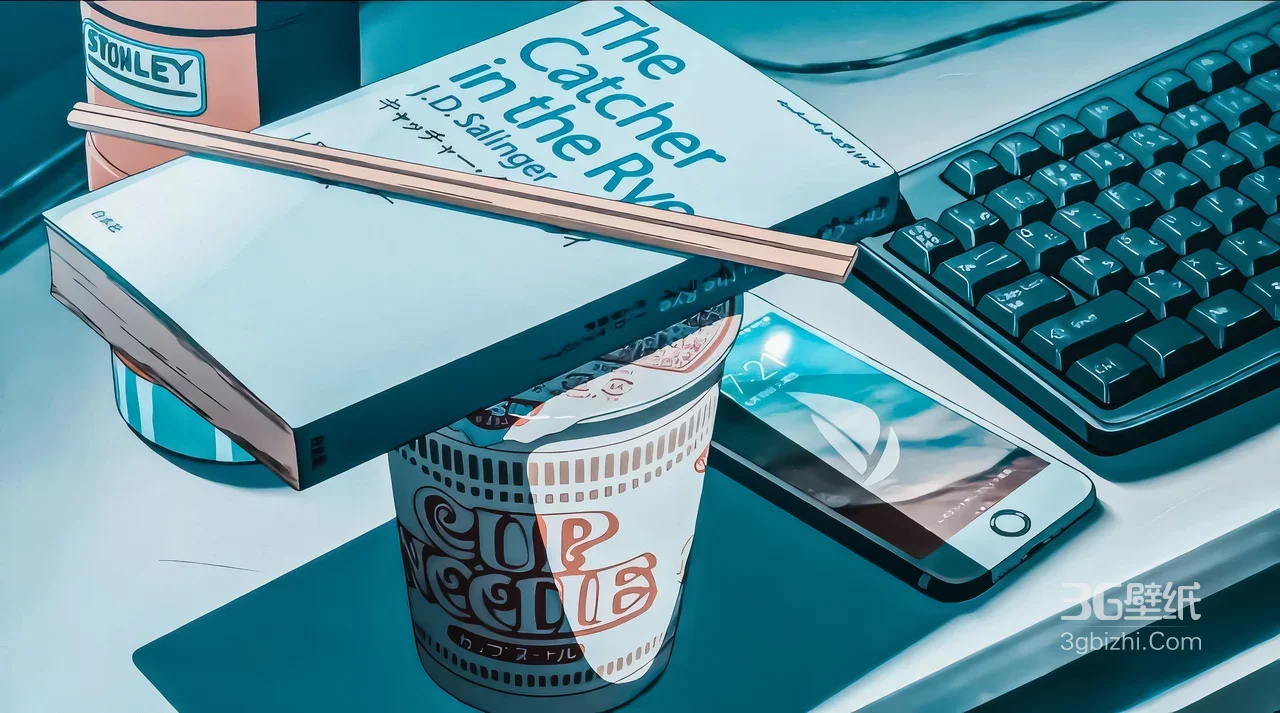 桌面日常（书+杯面+手机键盘）·赛璐璐风电脑壁纸1