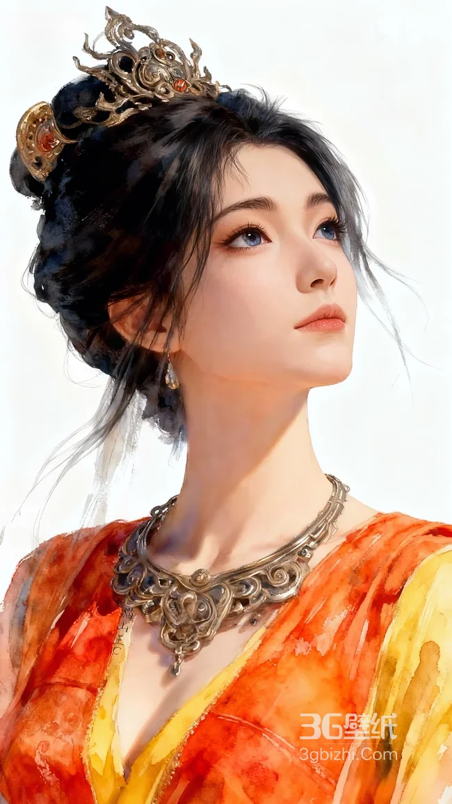 古风女子·慕沛灵·华贵发冠橙黄衣 国风唯美插画 古风手机壁纸推荐1