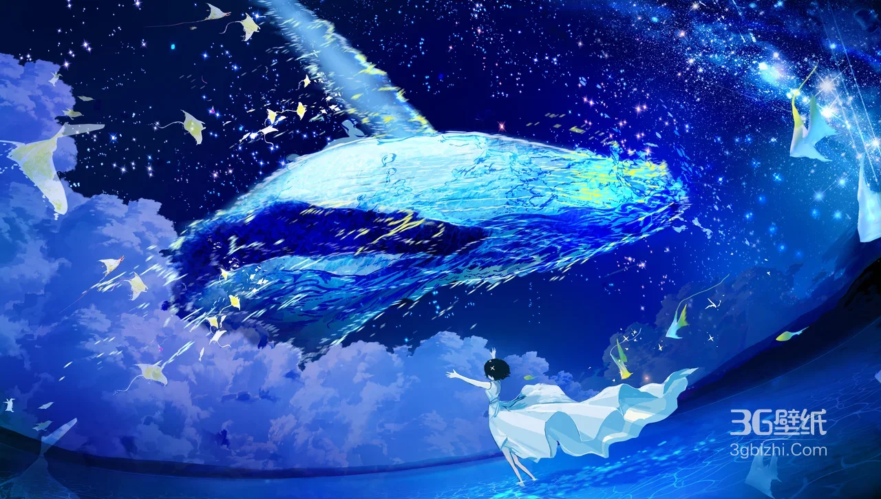 梦幻巨鲸·白裙少女与星空云海 唯美二次元插画 超宽屏治愈系电脑壁纸1