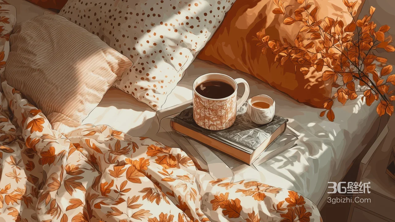 暖色调治愈插画·卧室秋意床品咖啡书香闲适场景1
