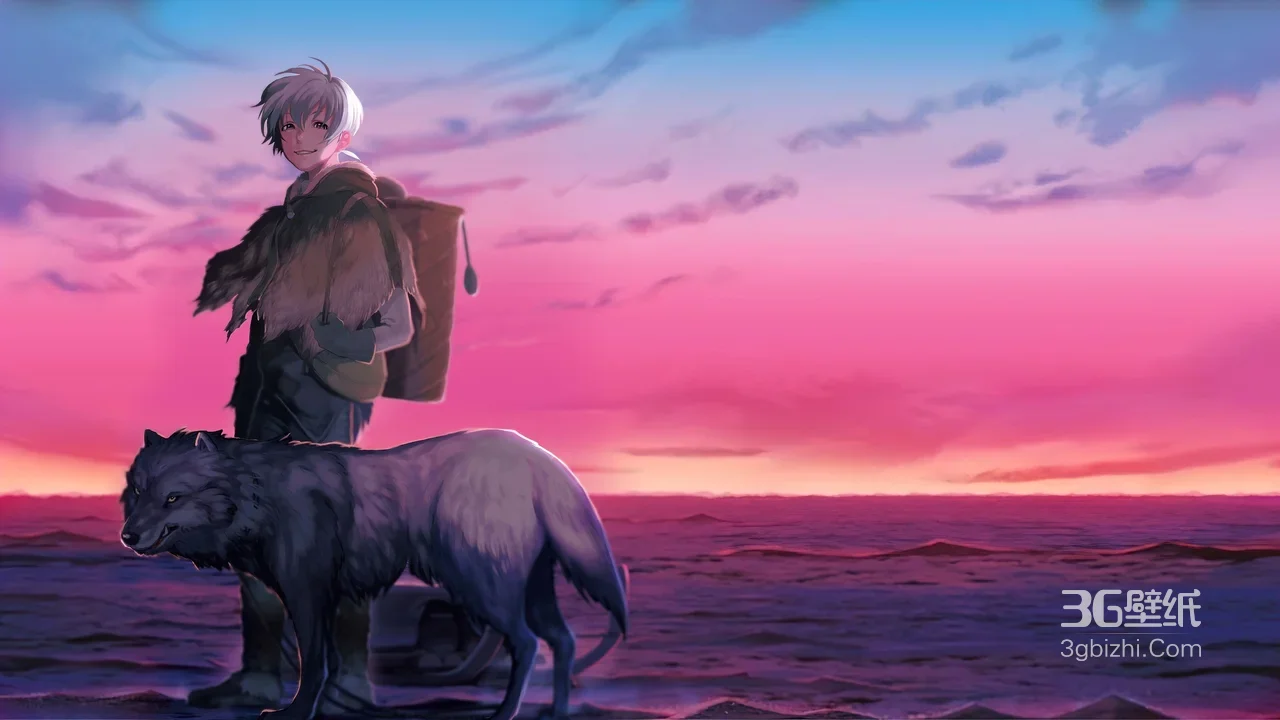白发少年与黑狼·黄昏沙漠 唯美动漫风宽屏车机壁纸1
