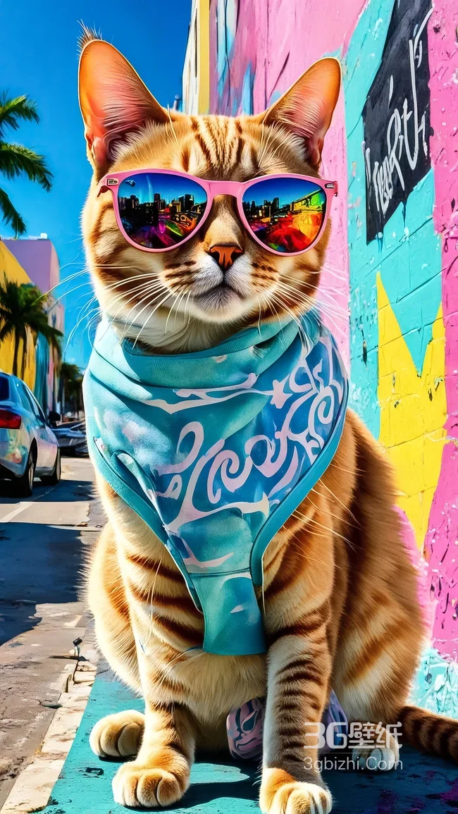 潮酷橘猫（粉墨镜蓝头巾）·彩色涂鸦街 街头潮流风手机壁纸1