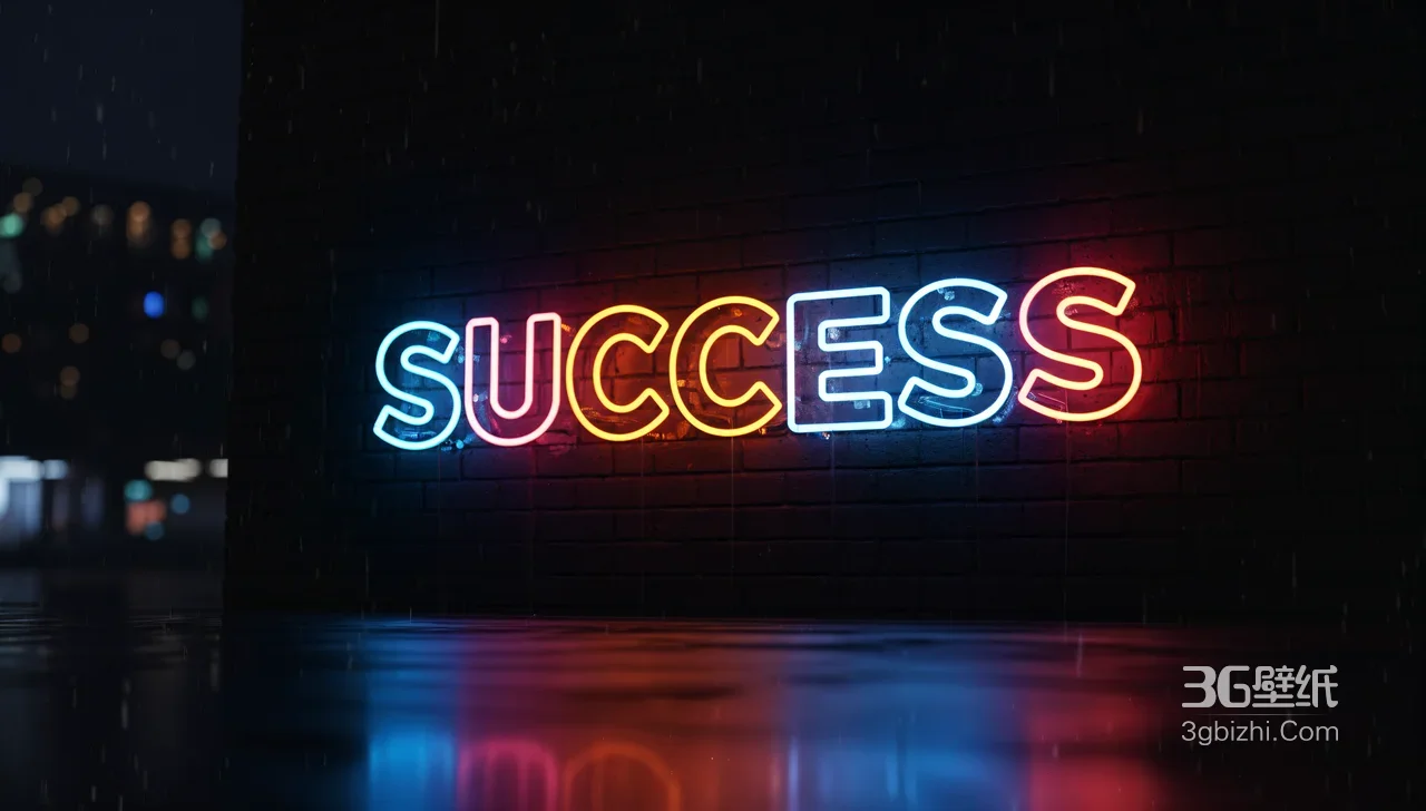 SUCCESS霓虹字·暗黑雨夜砖墙·赛博朋克风桌面背景1