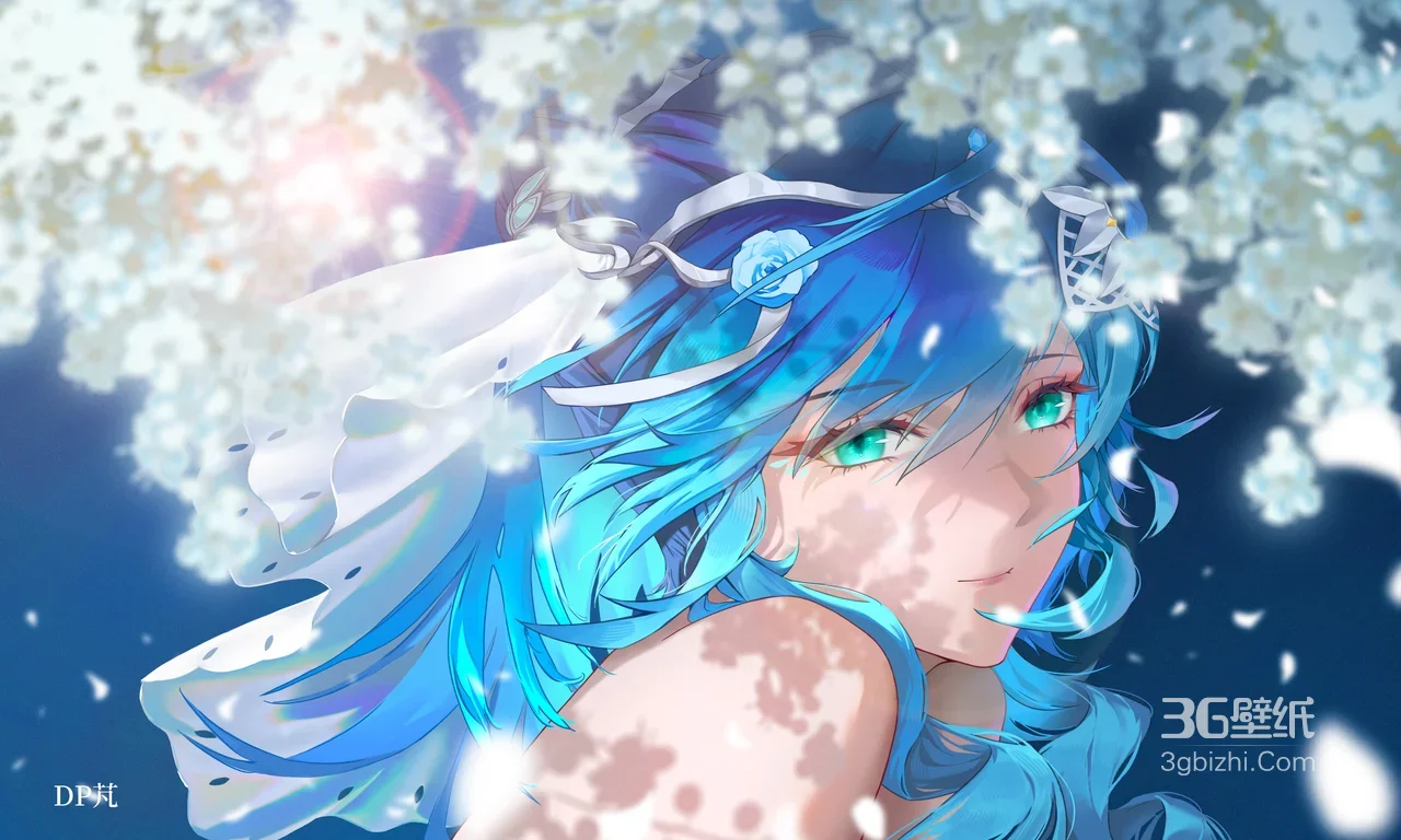 蓝发绿眸少女·白花簇拥 唯美二次元 高清电脑壁纸1