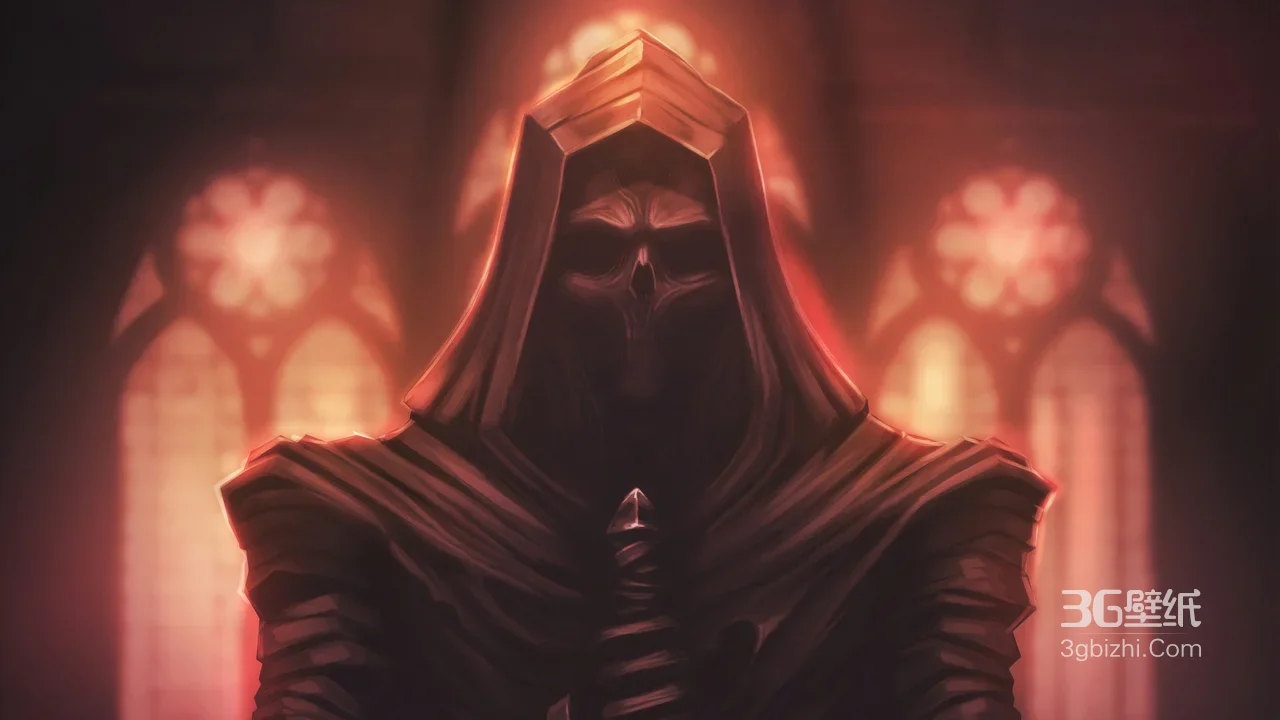 暗黑风骷髅兜帽游戏角色·哥特红焰背景 高质感电脑壁纸1