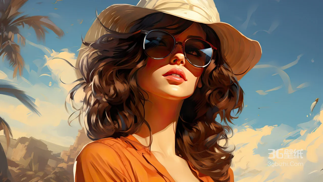 时尚度假风女性·卷发墨镜遮阳帽·唯美插画高质感桌面背景1