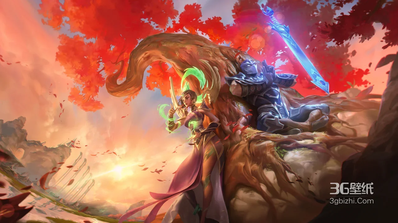 英雄联盟·卡尔玛绿焰+盖伦蓝光剑·唯美奇幻风游戏场景 宽屏车机壁纸1