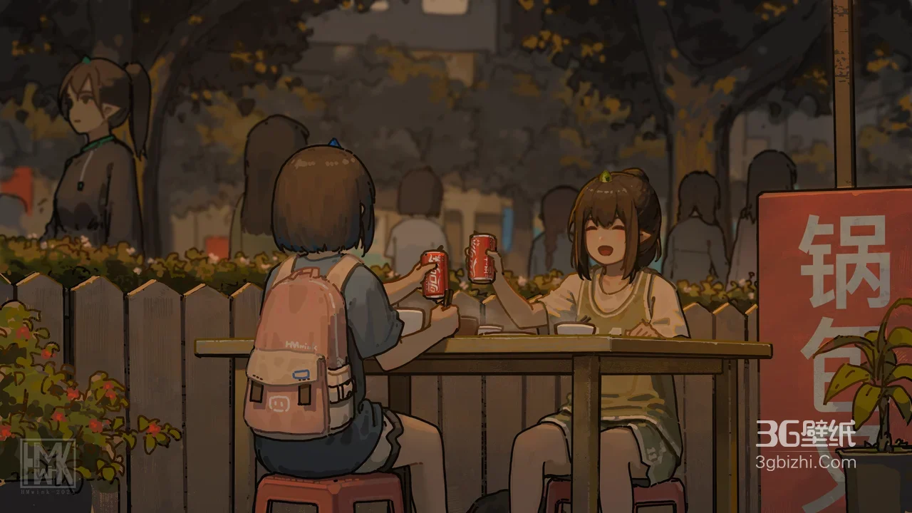 国漫风夏夜街边小吃摊 少女碰杯可乐 高人气电脑壁纸1