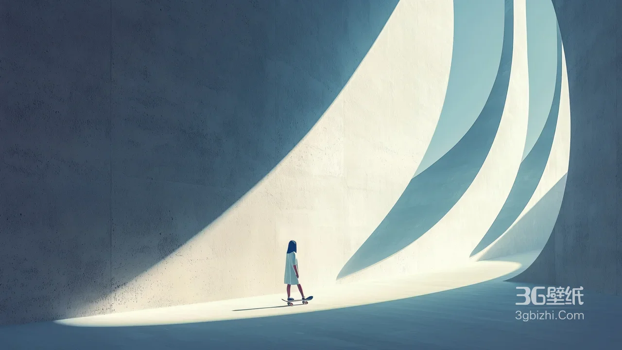 女孩滑板穿行极简几何曲面建筑 光影艺术风宽屏车机壁纸1