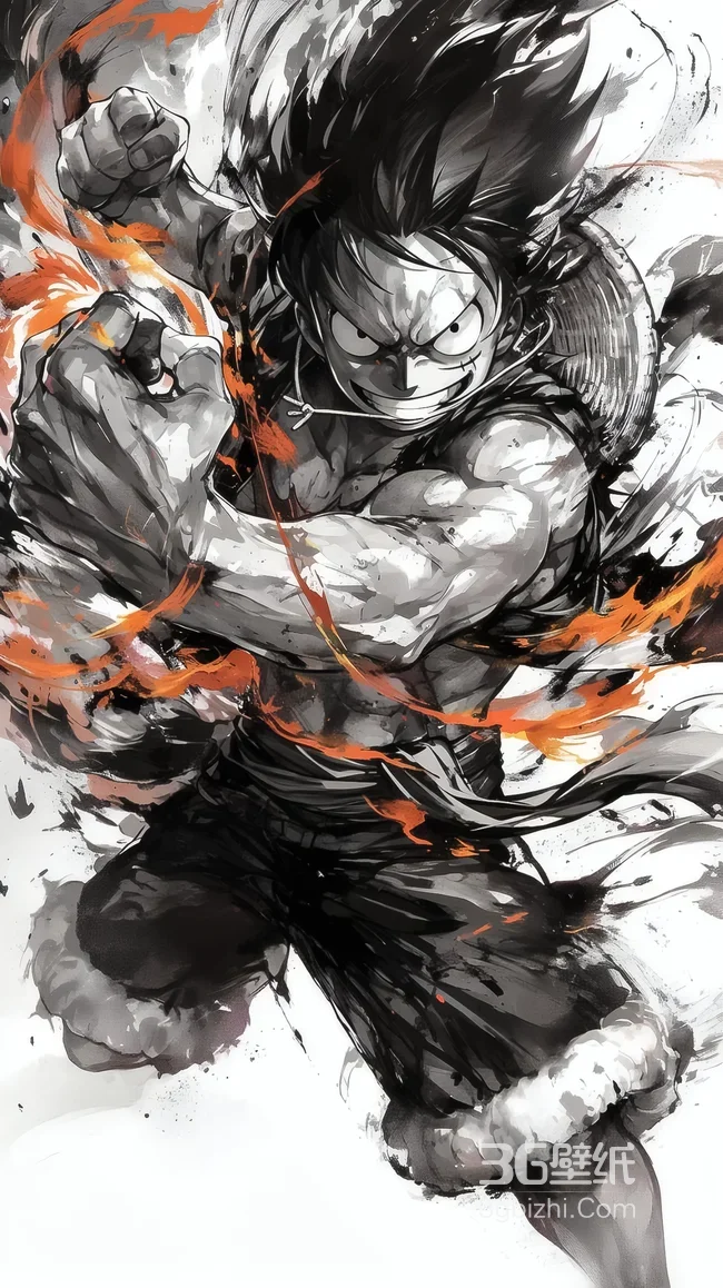 蒙奇·D·路飞·火焰缠绕 水墨战斗风 海贼王动漫手机壁纸1